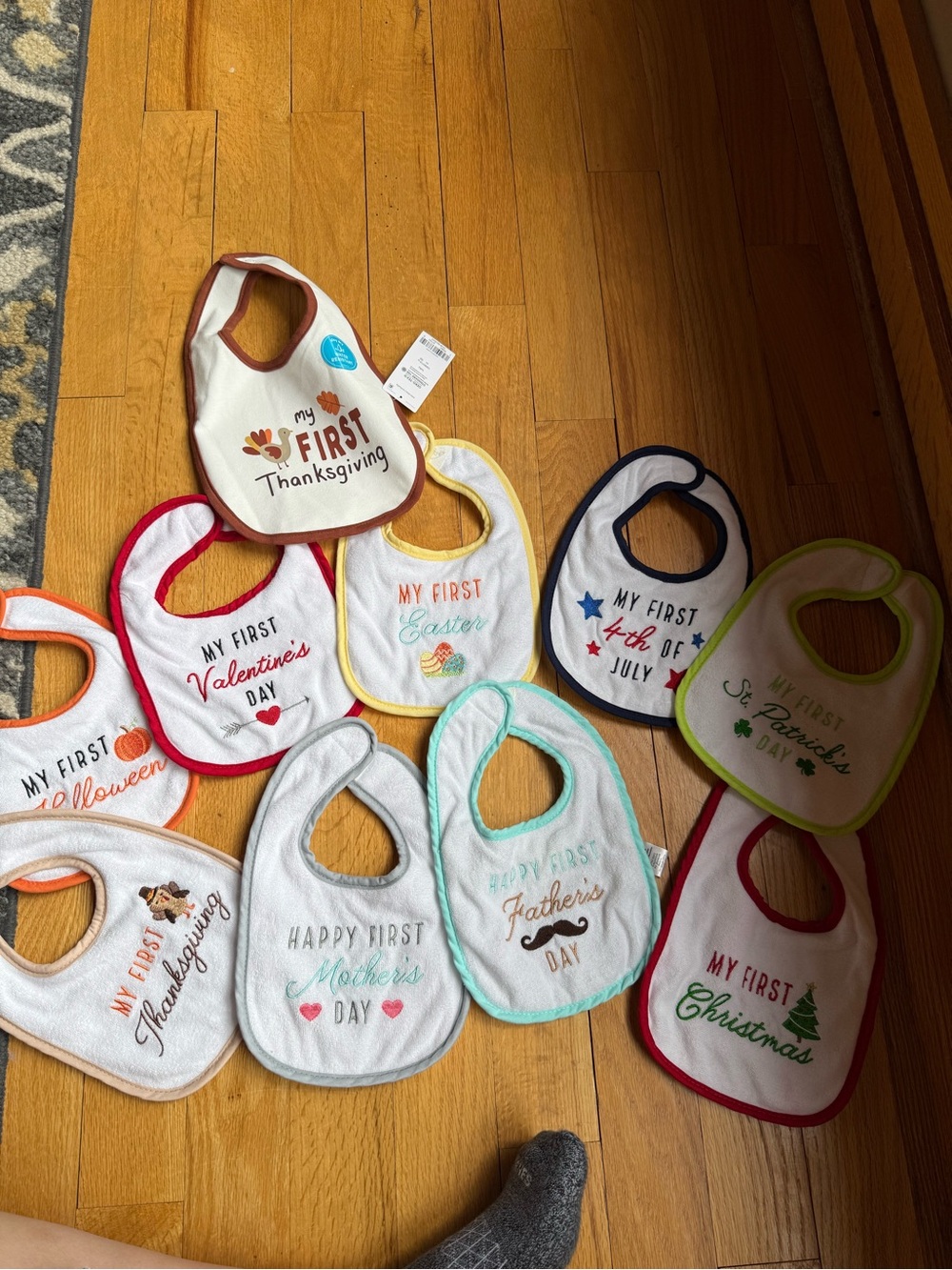 Holiday Milestone Baby Bib Set - Assorted Trim Colors - Picture 1 of 2